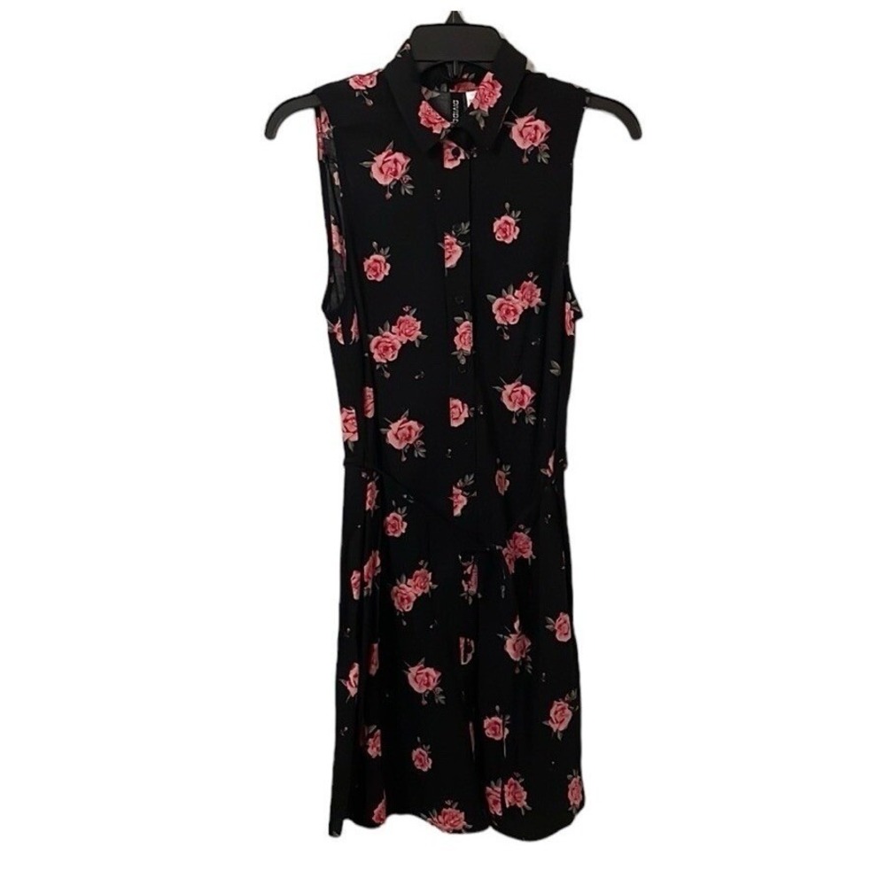 H&M Women's Black/Pink Rose Print Sleeveless‎ Buttoned Shirt Midi Dress Size 2
